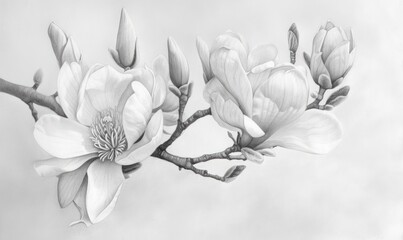 Wall Mural - Black and white illustration of magnolia flowers