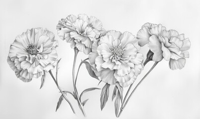 Wall Mural - Black and white background with marigold flowers