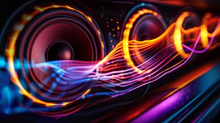 Wall Mural - Close-up of high-quality car speakers installed in a vehicle's door panel, emitting vibrant sound waves with a dynamic range.