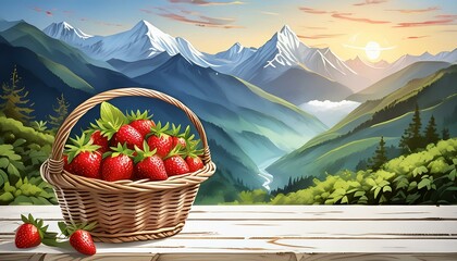 Wall Mural - strawberries in a basket on a table in the mountains