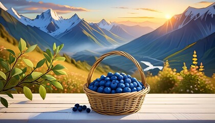 Wall Mural - blueberries in a basket on a table in the mountains