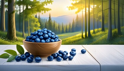 Wall Mural - a bowl of blueberries on a table in the forest