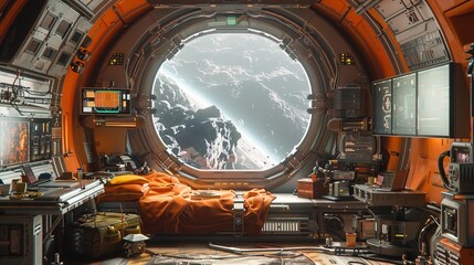 Bright spaceship interior with a view out a dark window