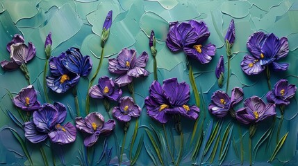 Wall Mural - A fresh spring green impasto canvas, with bold strokes adding depth and dimension, dotted with deep violet iris petals. 