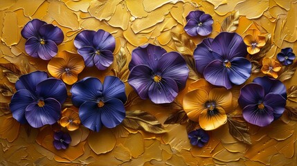 Wall Mural - A golden yellow impasto canvas, richly textured like a gilded surface, decorated with dark purple pansy petals. 