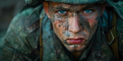 Wall Mural - Close Up Portrait of a Soldier with Mud on his Face