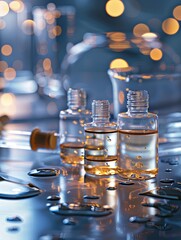 Aufkleber - Close-up of three glass bottles filled with serums, droplets scattered on a laboratory table. Generative AI