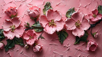 Wall Mural - A romantic pink impasto surface, complemented by dark green leaves. 