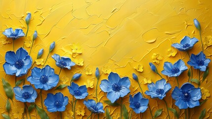 Wall Mural - A sunny yellow impasto background, cheerful and brightly textured, with bluebell flowers scattered across.