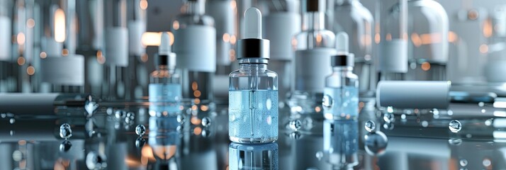 Poster - Close-up of glass bottles containing serum with droplets on a laboratory surface. Generative AI