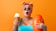 © Aimages - Overweight woman holding two inflatable swimming rings and looking at you in surprise and shock. Chubby woman in swimsuit and sunglasses on orange background. Summer holiday trip and vacation concept