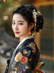 Wall Mural - Portrait of a young Korean woman in traditional Hanbok dress