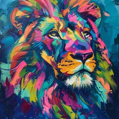  vibrant acrylic lion painting, multi colors, nature, wildlife