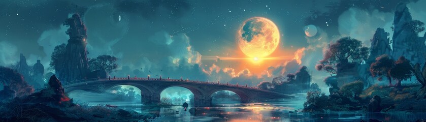 Canvas Print - a bridge spans a river with a large moon in the sky
