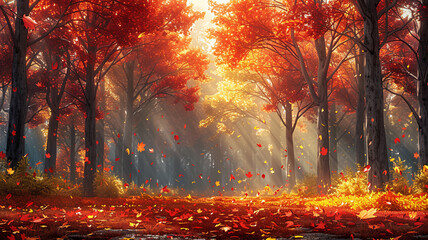  landscape autumn fall lake sunset maple tree, foliage, wooden table wallpaper background