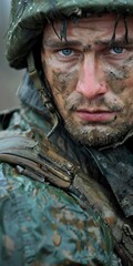 Wall Mural - Portrait of a soldier with mud on his face