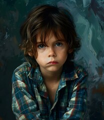 Wall Mural - Portrait of a boy with brown hair and blue eyes wearing a plaid shirt