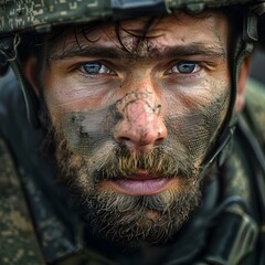 Wall Mural - Portrait of a soldier with a beard and blue eyes