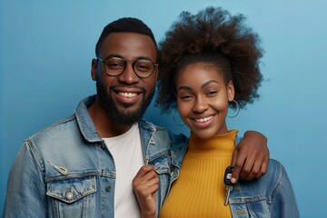 Wall Mural - Happy couple denim jacket turtleneck picture