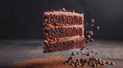Wall Mural - A slice of chocolate cake with chocolate chips on top