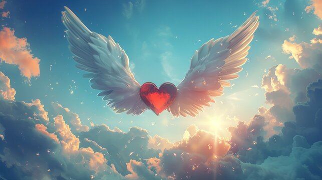 Hearts with wings flying in the sky. Cupid heart. Fantasy illustration