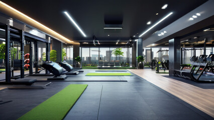 A modern gym with various equipment for training. Inside you can see strength training machines, free weights, benches and treadmills.