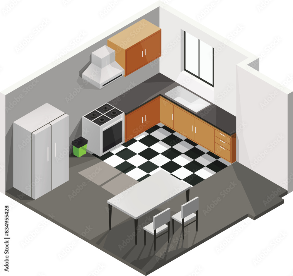 Isometric kitchen vector illustration with kitchen appliances, table ...