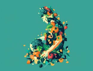 Wall Mural - Healthy eating woman surrounded by fruit and vegetables on turquoise background for wellness and nutrition concept