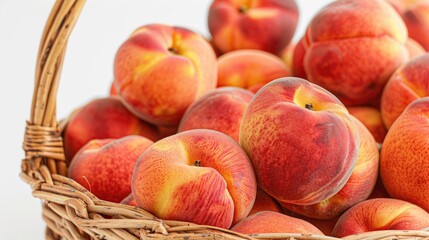 Poster - Macro close up of multiple fresh peaches in a basket on white background