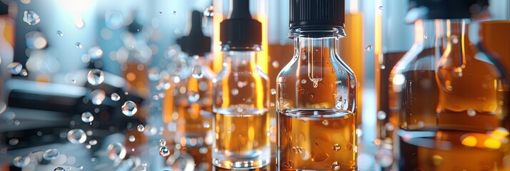 Poster - Close-up of glass bottles containing serum, with droplets of liquid in the air. Generative AI