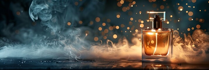 Leinwandbilder - A close-up image of a luxurious perfume bottle with mist in the air on a dark background. Generative AI