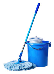 Wall Mural - PNG  Blue cleaning mop bucket white background cleanliness. 