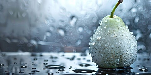 green pear with refreshing condensation and natural organic background