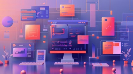 Futuristic computer interface with graphs, charts, and data visuals. Modern technology concept art for digital innovation and software development.