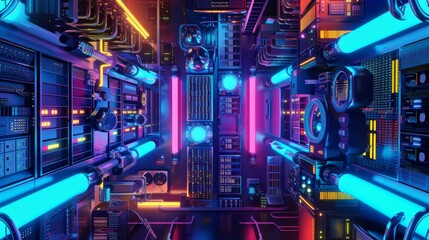 Futuristic neon-lit server room with vibrant colors and glowing lights, showcasing advanced technology and cyber aesthetics.