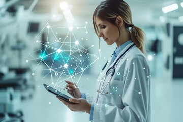 female doctor with stethoscope touching medical icon network connection and modern interface on digital tablet on hospital background. Medical technology network