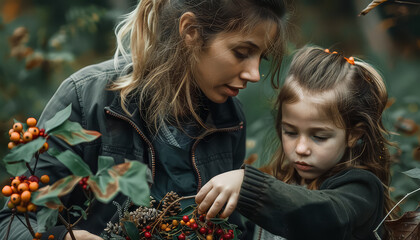 Two young girls are playing in a pile of leaves, one of them holding a basket