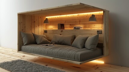 A cozy and stylish wooden nook perfect for relaxing and reading.