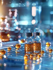 Poster - Two glass bottles with serums and droplets on a laboratory table with scientific equipment in the background. Generative AI
