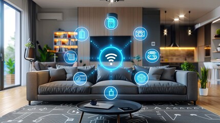 Modern Smart Home Technology Connecting Caucasian Family in Living Room. AI-Powered Smart Home System Integrating Family Lifestyle with Innovative Devices and Seamless Connectivity