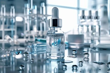 Poster - A clear glass serum bottle with a dropper sits on a laboratory table surrounded by droplets of liquid. Generative AI