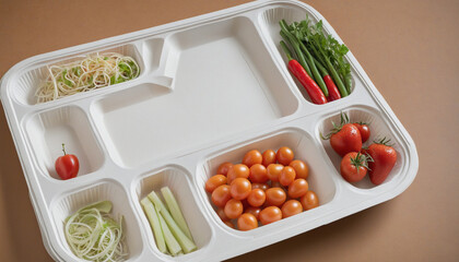 Eco-friendly disposable food trays filled with organic and nutritious options in a sustainable and environmentally conscious packaging