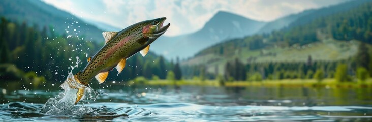 A beautiful rainbow trout jumping out of the water in a river.