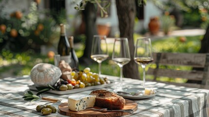 An outdoor table with a striped white and grey tablecloth, wine glasses on the table, with a piece of cheese, a piece of bread, and some olives. Generative AI.