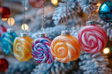 Wall Mural - A row of colorful lollipop ornaments hanging from a Christmas tree