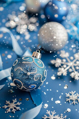 Wall Mural - A blue and silver ornament sits on a blue background with snowflakes