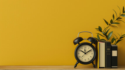 Wall Mural - black alarm clock and books on table against yellow background with copy space for text