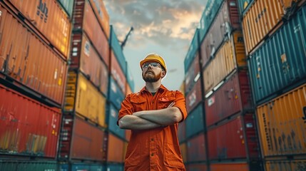 An employee in uniform stands on a container yard. Generative AI.