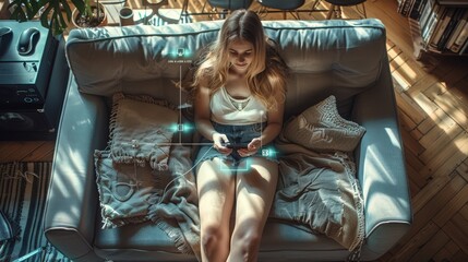 Fototapete - A woman sits on the couch in a loft apartment and connects her smartphone to the smart home system. top view. Generative AI.