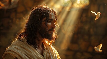 Wall Mural - A serene depiction of Jesus Christ with a dove above his head.